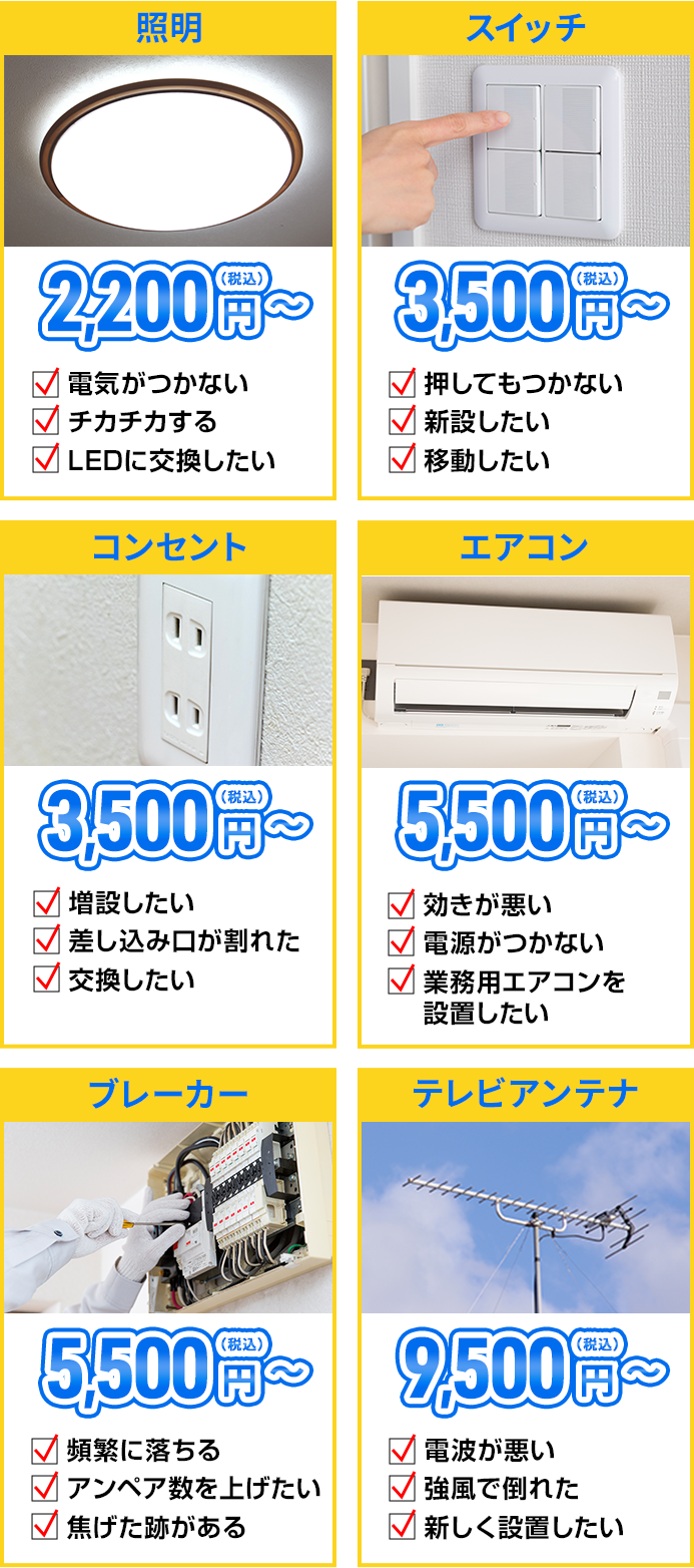 照明/2,200円（税込）～電気がつかない。照明がつかない。チカチカする。LEDに交換したい。スイッチ/3,500円（税込）～押してもつかない。新設したい。移動したい。コンセント/3,500円（税込）～。増設したい。差し込み口が割れた。交換したい。エアコン/5,500円（税込）～。効きが悪い。電源がつかない。業務用エアコンを設置したい。ブレーカー/～5,500円（税込）頻繁に落ちる。アンペア数を上げたい。焦げた跡がある。テレビアンテナ/9,500円（税込）電波が悪い。強風で倒れた。新しく設置したい。